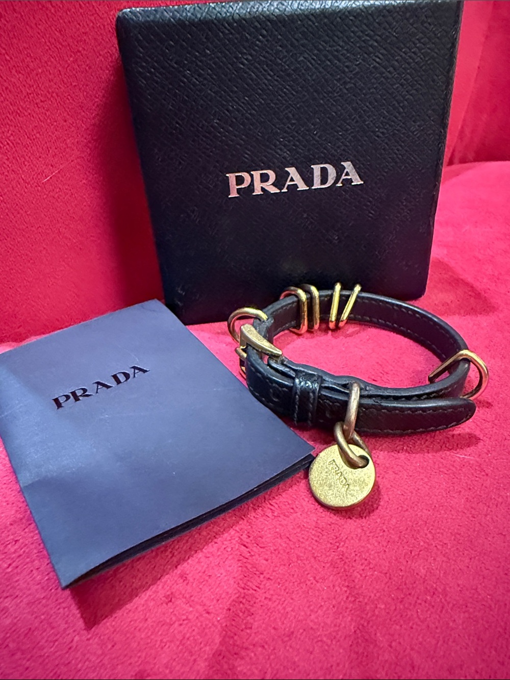 Prada Black Saffiano Leather Bracelet with Gold Disc Charm